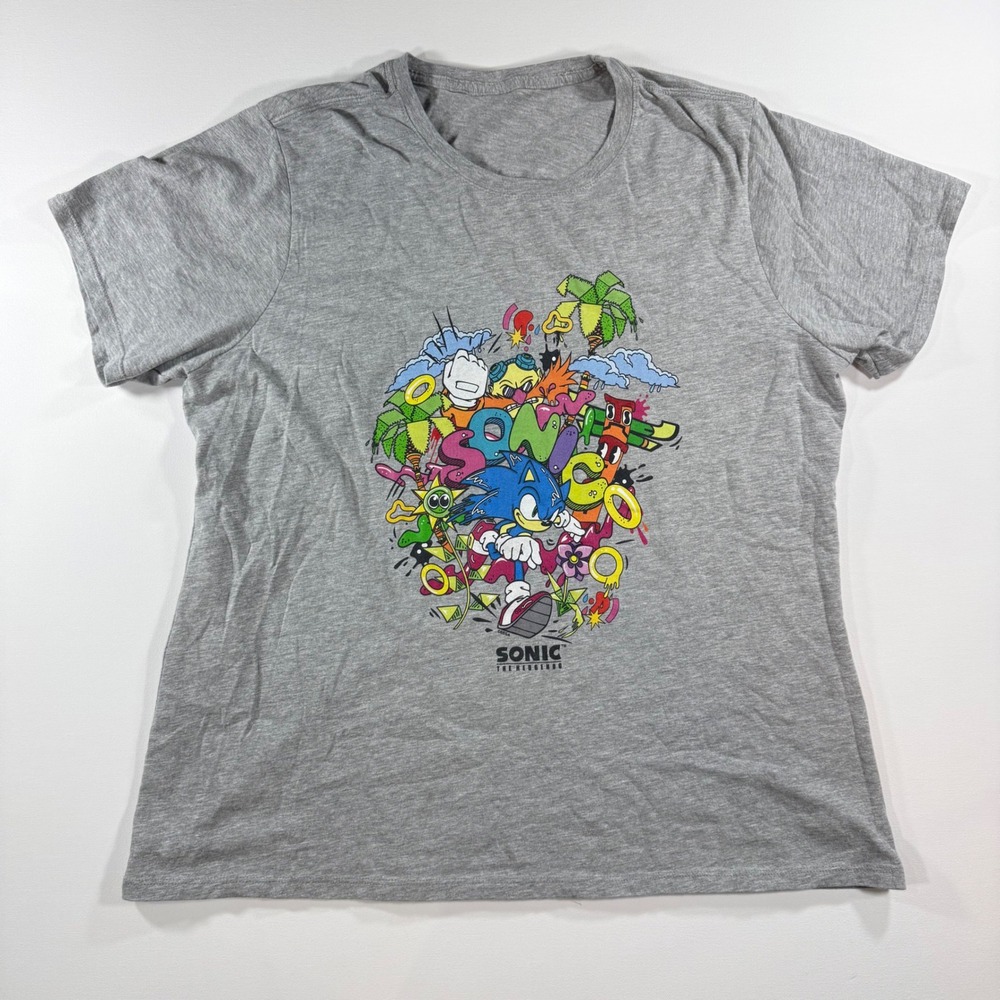Sega Sonic the Hedgehog Graphic Tee Mens L Gray Gamer Retro Streetwear Cartoon